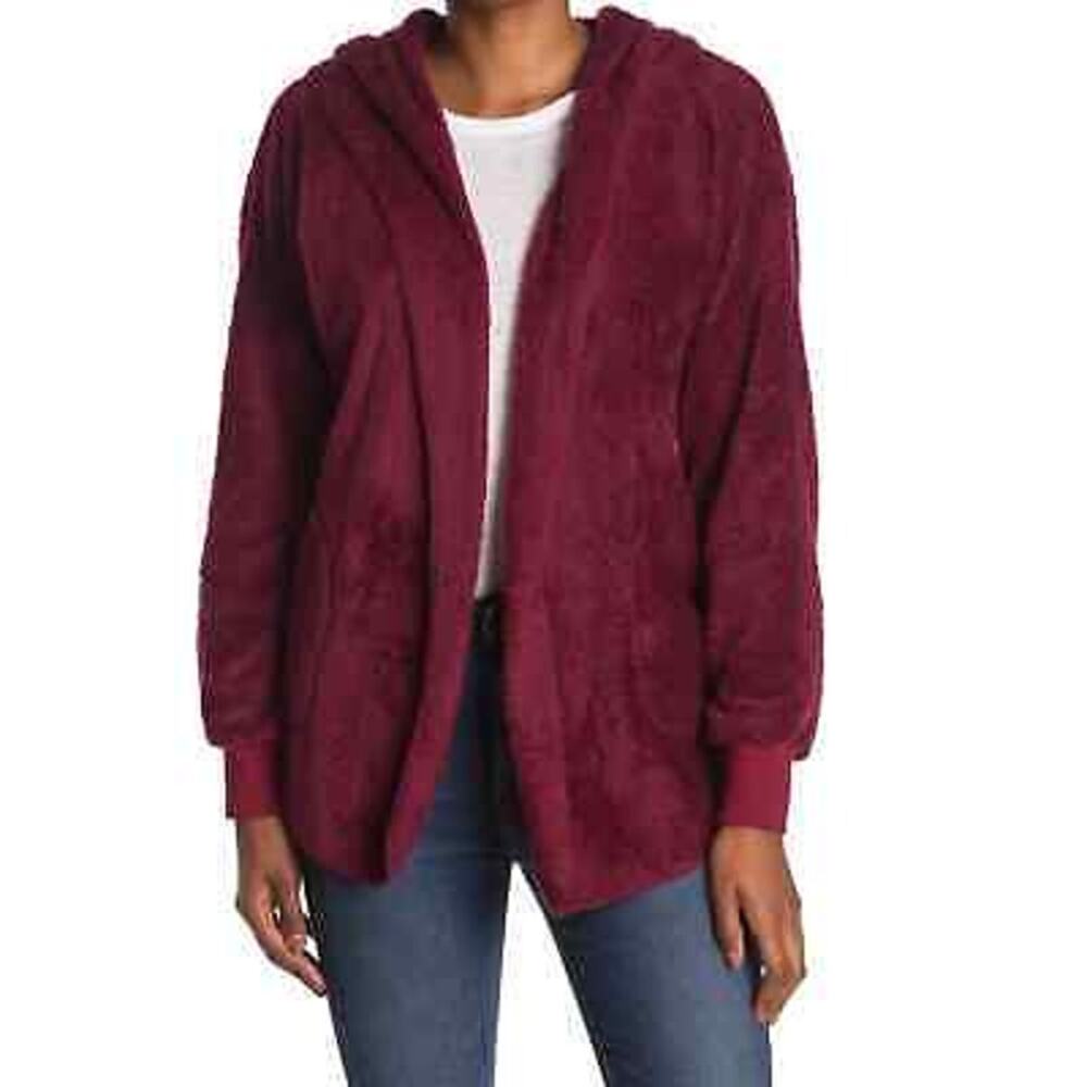 New Forgotten Grace Wine Red Faux Shearling Hooded Front Cardigan Women's Size M